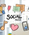 digital composite of social media graphics with office background